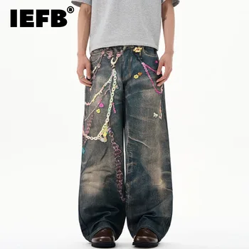 IEFB High Street Jeans da uomo Chians Stampa Colore a contrasto Pantaloni casual a gamba dritta Lavaggio allentato Pantaloni in denim maschile 9W3587 1