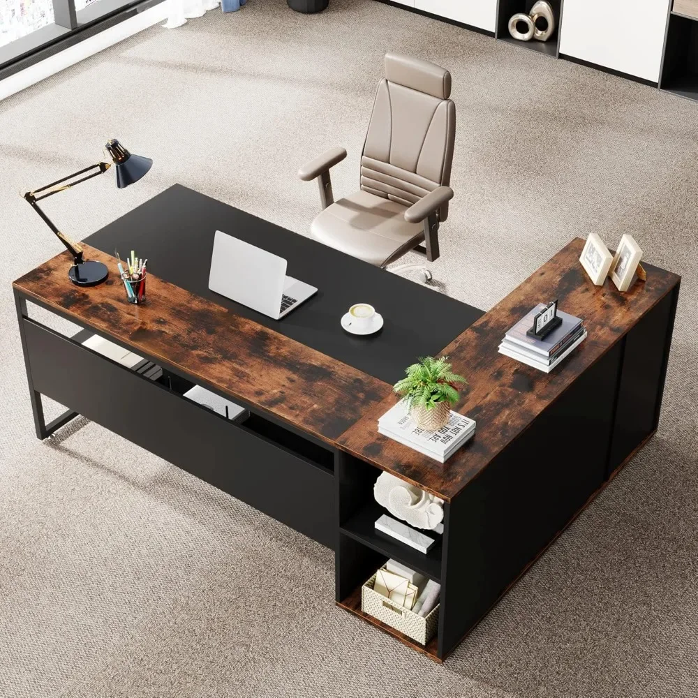 71 inch Executive Desk, L Shaped Desk with Cabinet Storage, Executive Office Desk with Shelves, Business Furniture