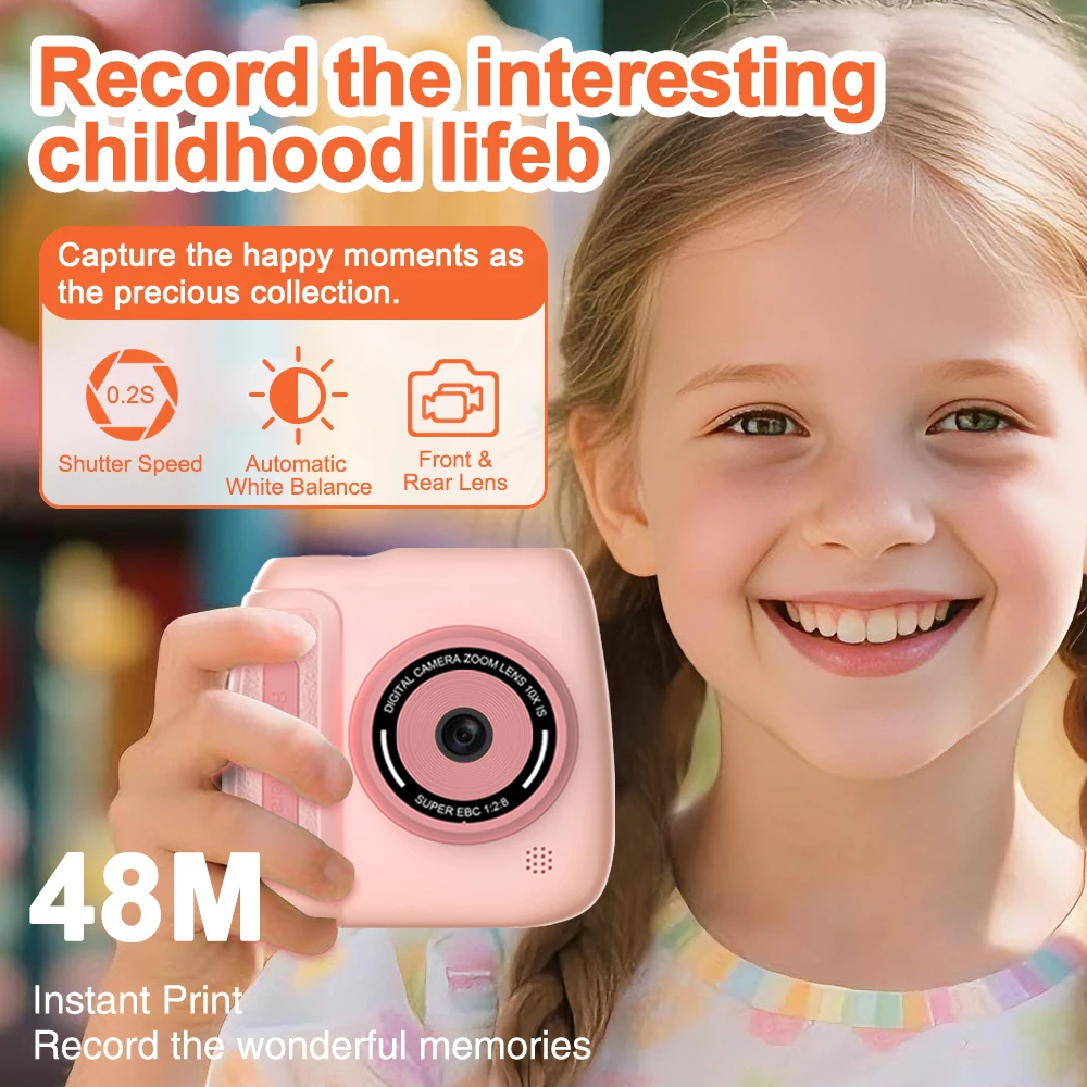 Children Instant Print Portable Thermal Printer 57x25mm Printing Front&Rear Digital Dual Camera 32G-SD Card for Kid Toddler Gift