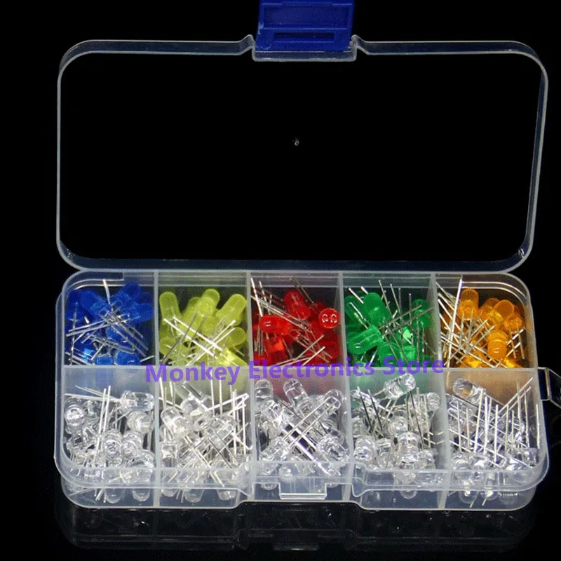 

200pcs 5mm LED Diode Beads Set Box White/Blue Yellow Red Green Orange Hair Blue Yellow Red Green Orange Round Head DIP
