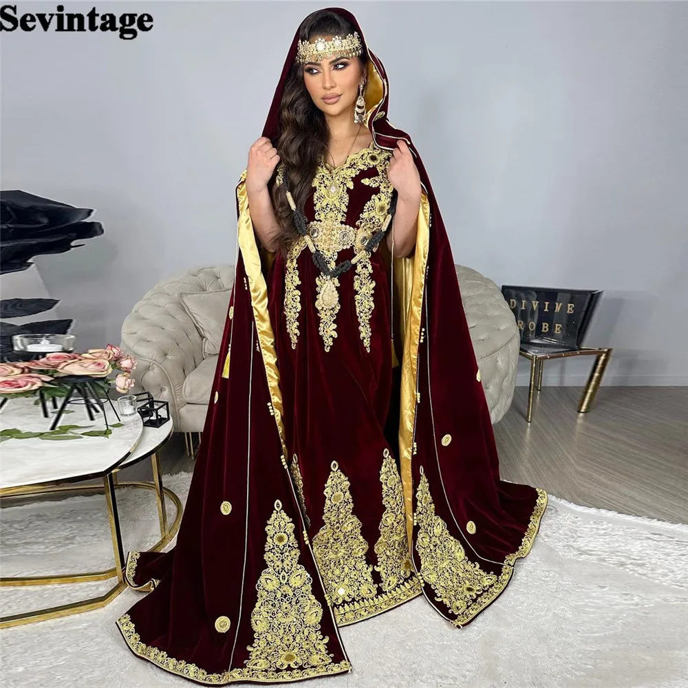 

Sevintage Elegant Burgundy Mermaid Kaftan Evening Dress Lace Appliques Cape Prom Gown Mid Slit Floor Length Algerian Outfit 2024