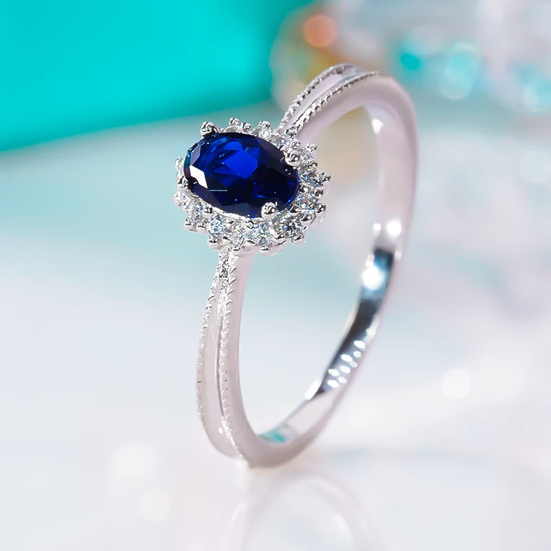 

QINHUAN 1 Carat Oval Blue Sapphire Moissanite Ring S925 Sterling Silver 18K Gold Plated for Women Fine Jewelry Party Banquet