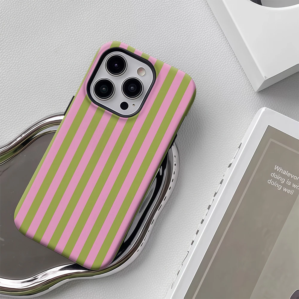 Luxury Double-Layer Phone Case with Pink and Green Vertical Stripes