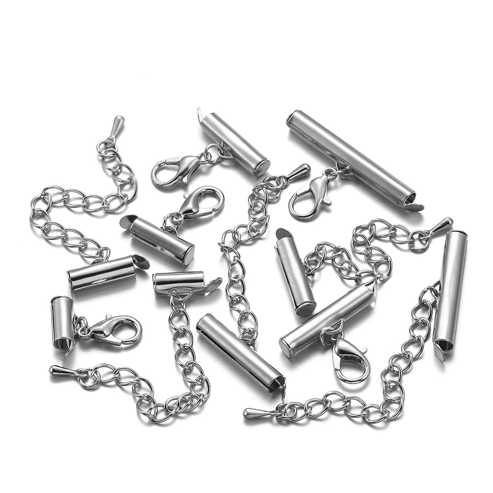 10set/lot Slide On End Clasps Crimp End Buckles Tubes Slider Caps Lobster Clasps Chains For DIY Jewelry Making Findings