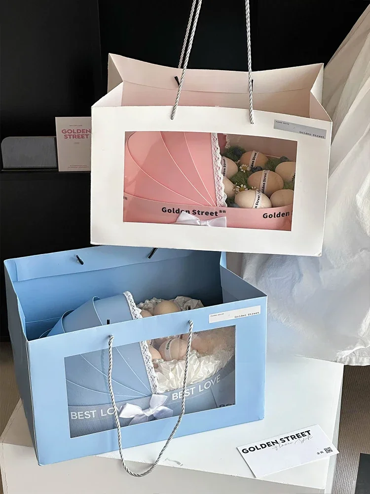 33.5x17.5x21cm Pink Cradle Flower Box Originality Colour Cardboard DIY Portable Flower Egg Basket Fruits Packing Gift Box