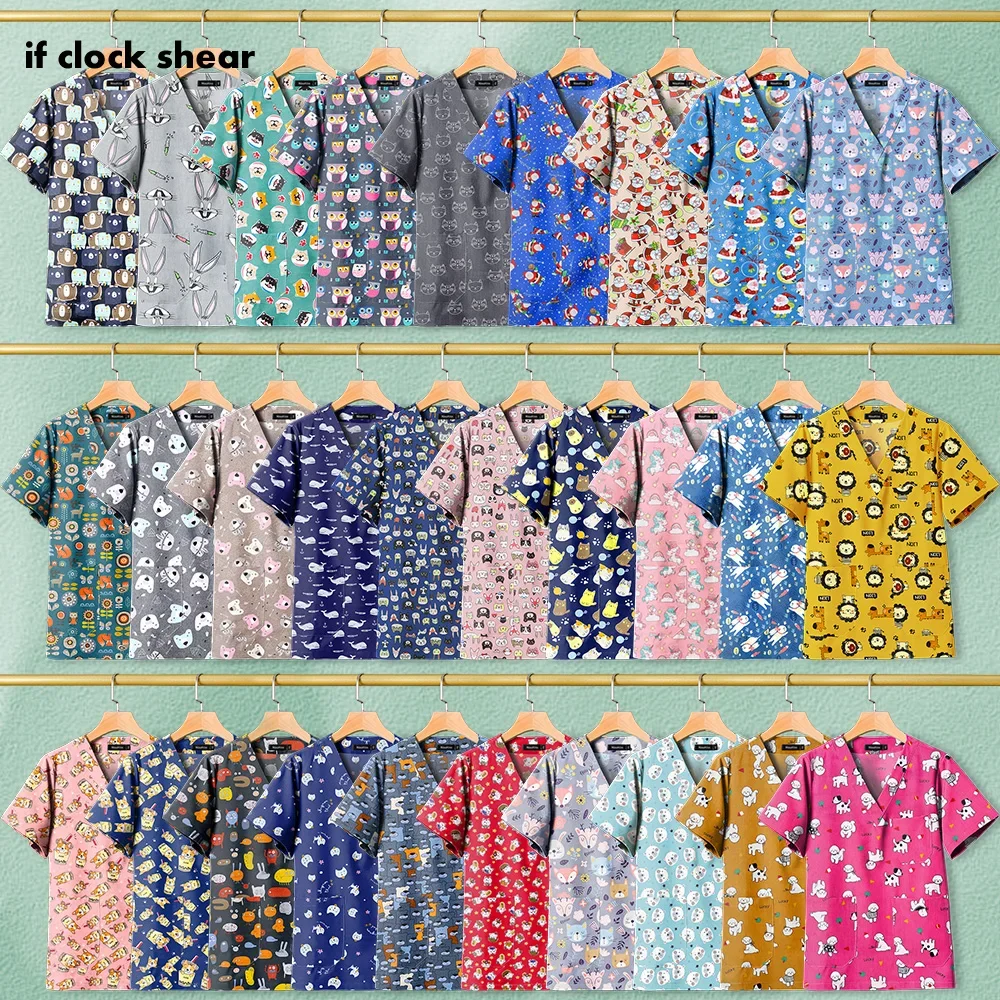 Pet Clinic Vet Work Uniforms Accessori Per Infermiere Da Donna Animal Printed Hospital Doctor Infermieristica T-Shirt Medical Scrubs Clothes Tops