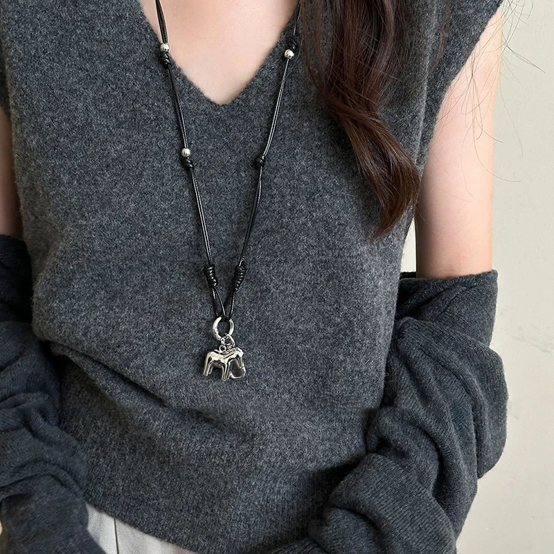 Cartoon Horse Pendant Necklaces For Women Female Sweater Chains Adjustable Long Rope Chain Daily Matching Accessories