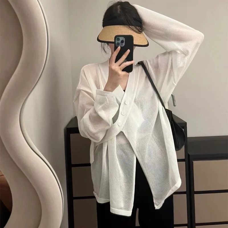 

Knitted Cardigan Women's Summer Irregular Buckle Long Sleeve Thin Tops Femme Sun Protection Clothing V-neck Button Blouses