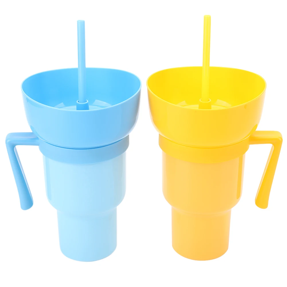 1000ml Snack Cups Straw Leak-Proof Snack and Drink Cup Popcorn Beverage Cup 2 In 1 Color Changing Cinema Home Travel snack bowl drink cup