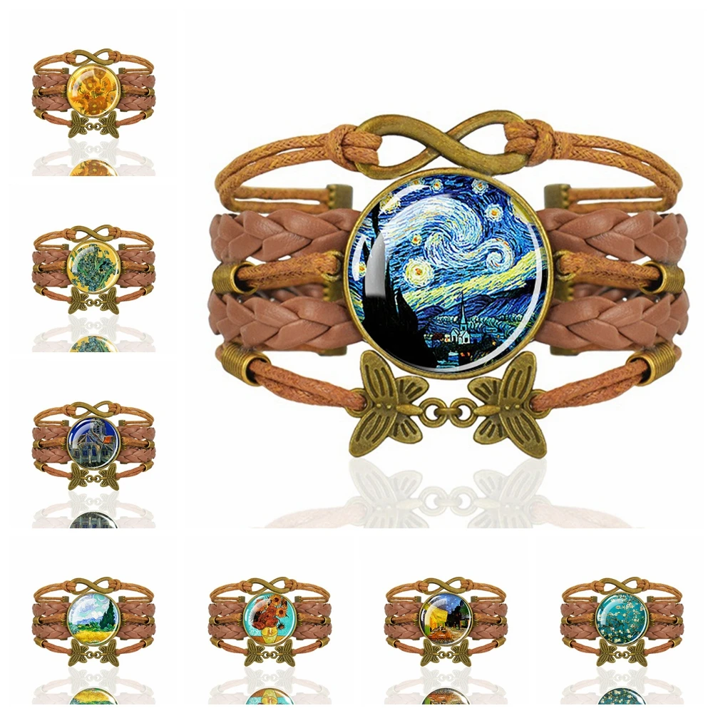 Van Gogh Starry Sky Painting Bracelets Glass Cabochon Time Gemstone Bracelet Leather Woven For Women Men Charm Bracelet Jewelry