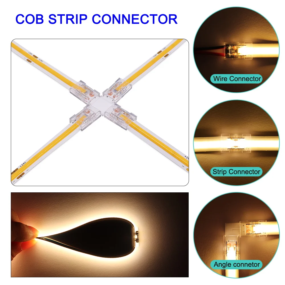 COB LED Strip Connector 2pin 3pin 4pin for 8mm 10mm Wide PCB LED Tape Single Color RGB CCT Solderless Right Angel Wire Accessory