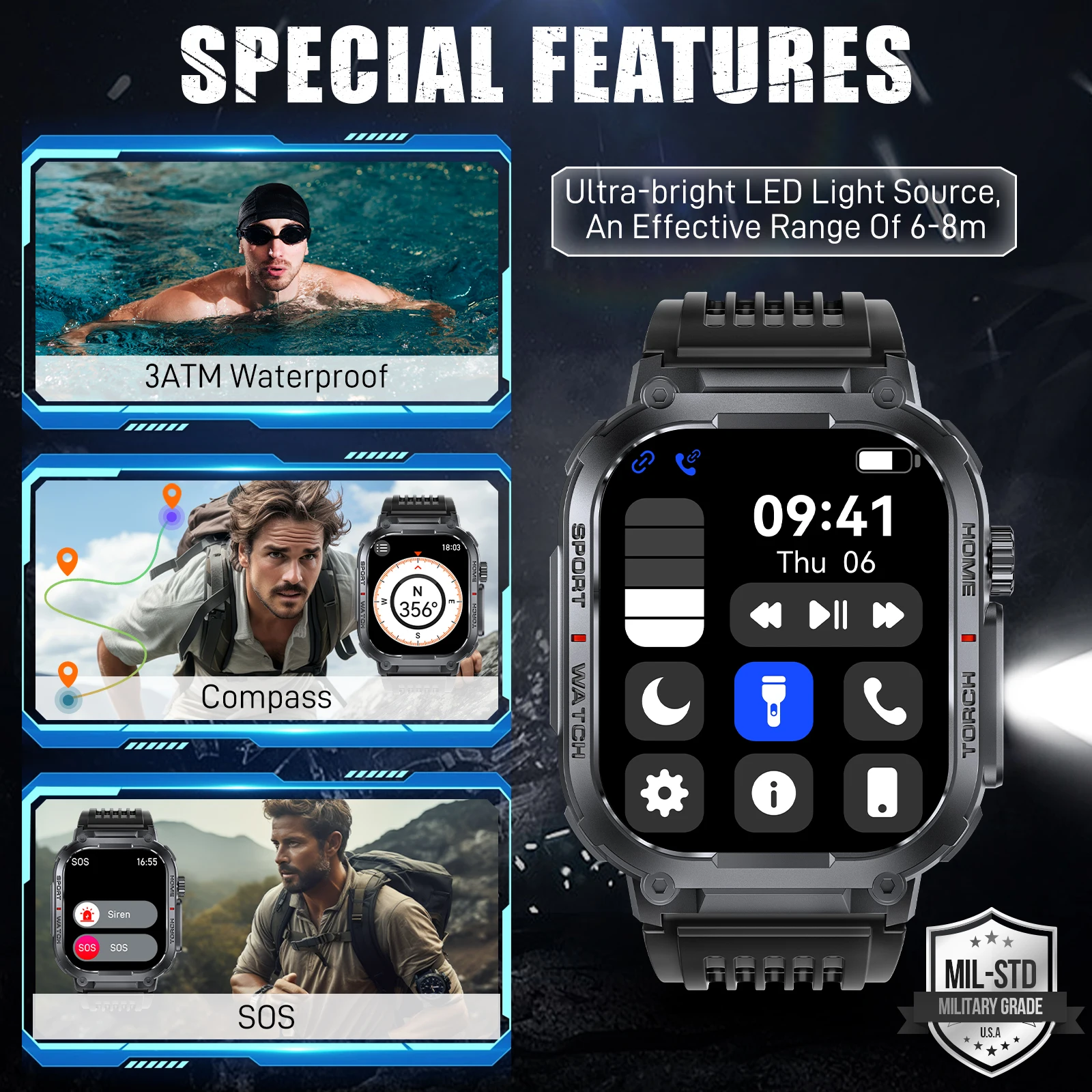 LaNikar New Smart Watch Men 3ATM Waterproof 2.02"S320B With Compass And LED Flashlight Sports And Fitness Tracking Heart Rate - Image 2