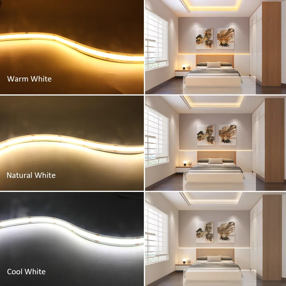 DC12V 24V COB LED 스트립 5m 10m 더블 로우 슈퍼 브라이트 플렉시블 디머블 LED 라이트 RA90 램프 테이프 조명 3000K 4000K 6500K