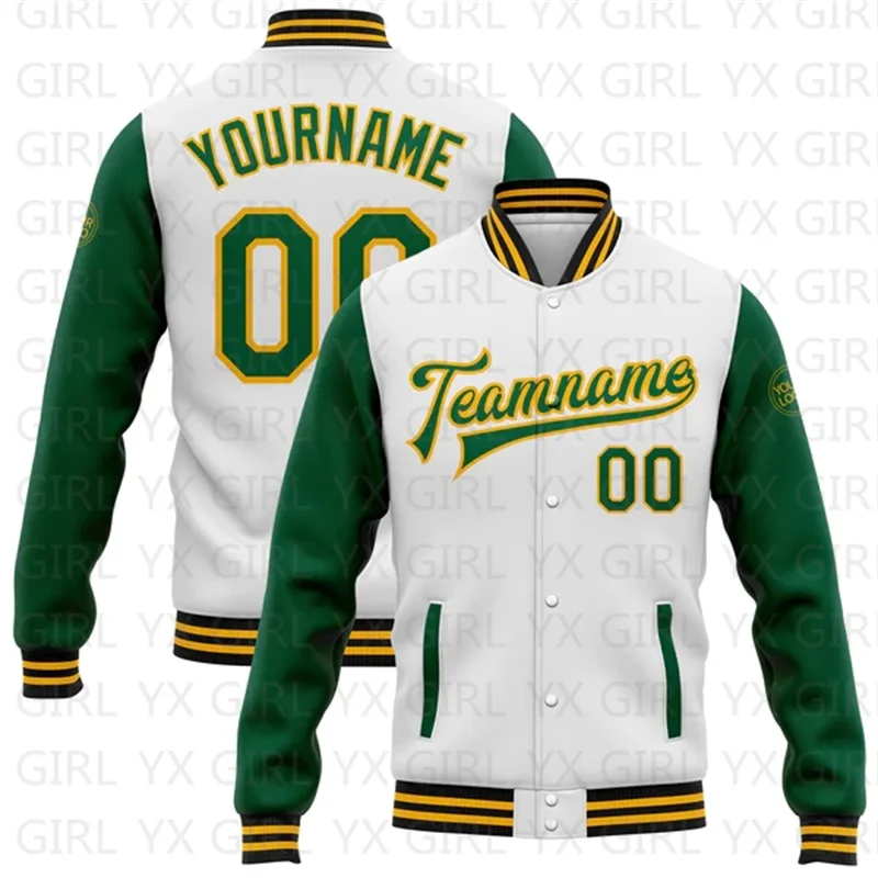 Custom White Green-Gold Bomber Full-Snap Varsity Letterman Two Tone Jacket