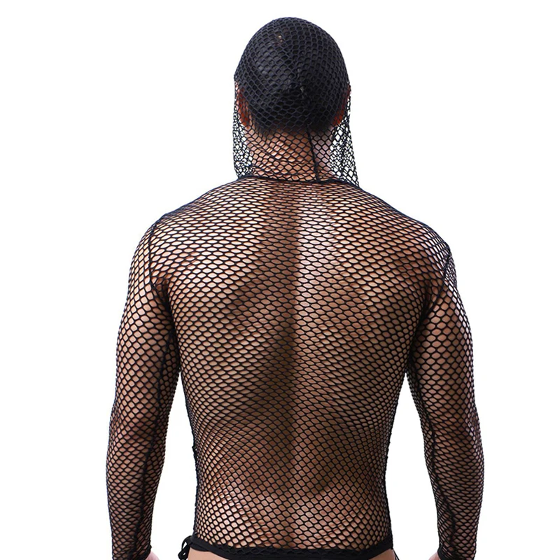 Sexy Men Mesh Hoodies Undershirts Lingerie Transparent Hooded T-shirts Fitness Fishnets Underwear Fetish Party Club Nightwear
