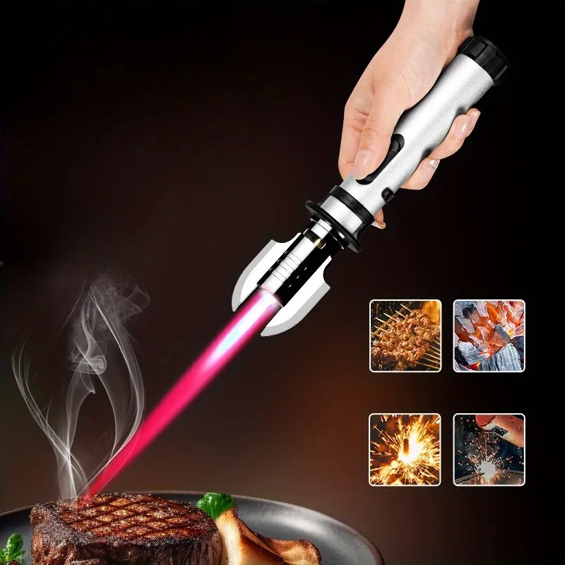 BBQ Lighter Butane Gas Lighter Cigarette Lighter Windproof Kitchen Lighter Metal Torch with Safety Lock Adjustable Flame Refillable Butane Gas Windproof Jet