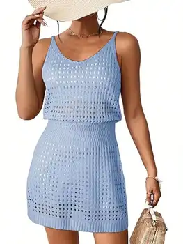 Women Summer Crochet Hollow Out Knit Cover Up Dress Beach Vacation Outfit