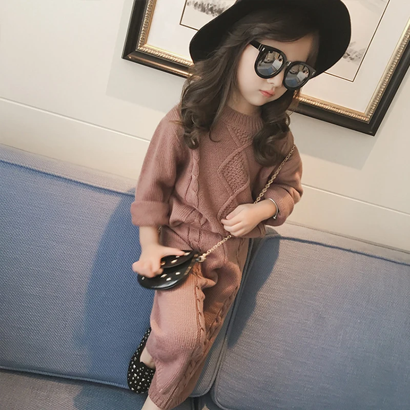 Autumn and Winter Children's Long sleeved Knitted Pants Warm Girls' Sweater Cardigan Knitted Top+Half Skirt Two Piece Set