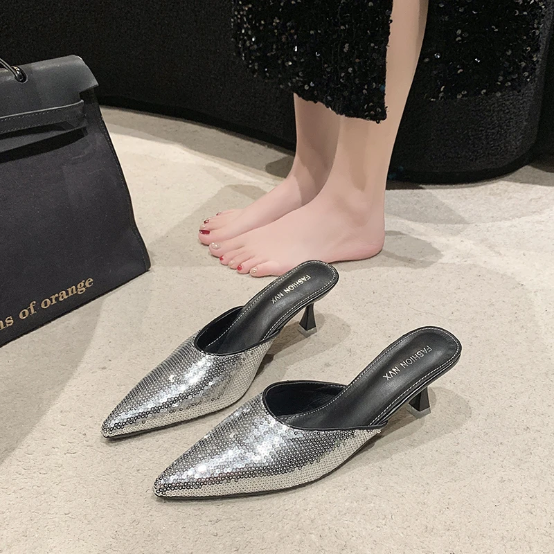 

Women Slippers Summer Baotou Half Slippers For Women Summer Thin Heel High Heel Slippers For Ladies Sexy Ladies Party Sandals