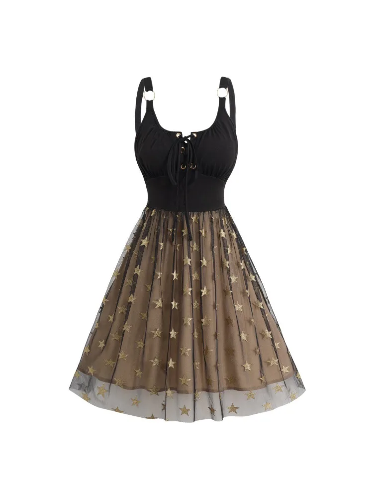 

Vintage Elegant Patchwork Dress Casual Mesh Five-pointed Star Sequins 50s 60s Large Hem Retro Dresses 2024 New Women's Clothing