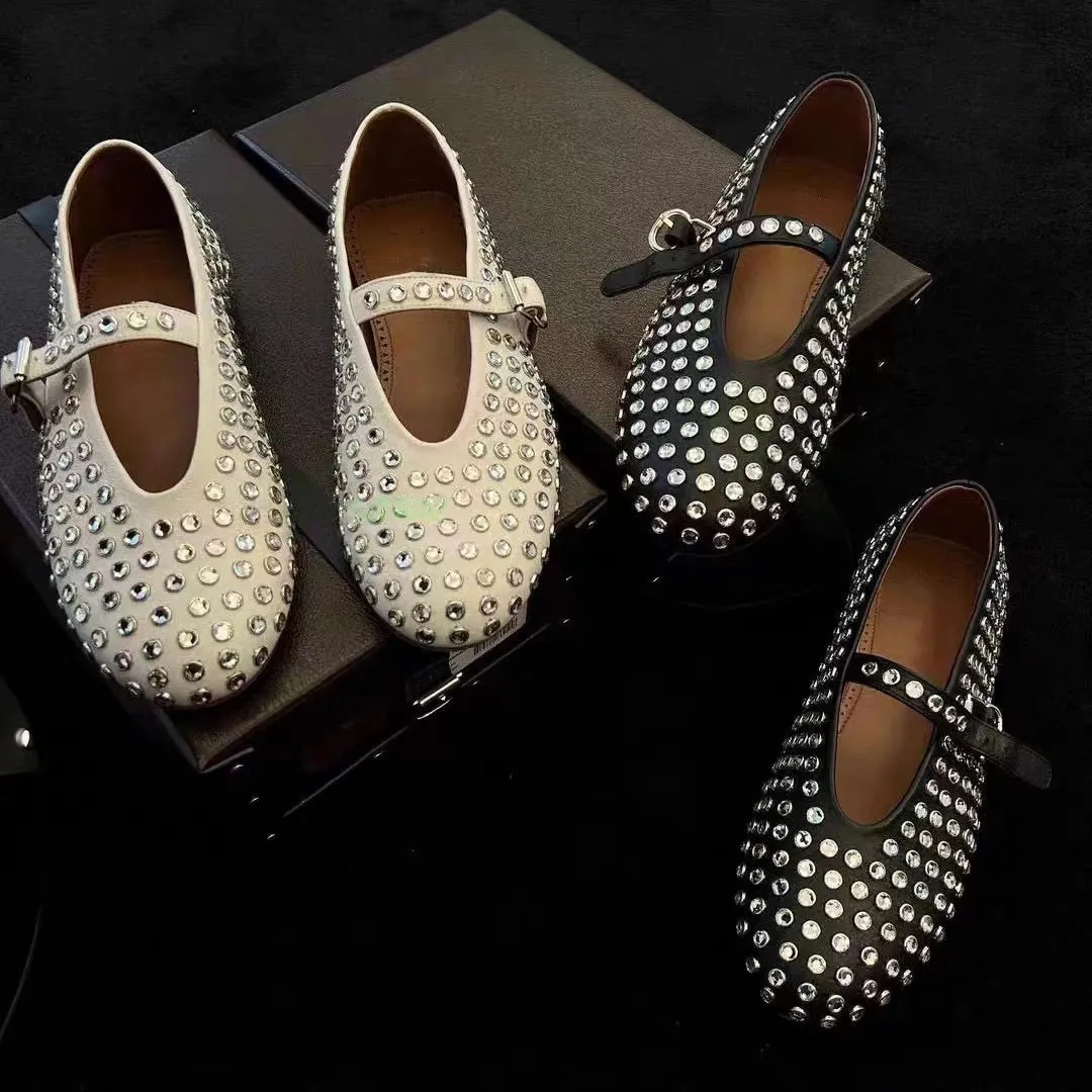 2024 New Flats Vintage Diamond Mary Jane Women's Shallow  Buckle Ballet Flats Plus Size 43  Rhinestones Designer Shoes