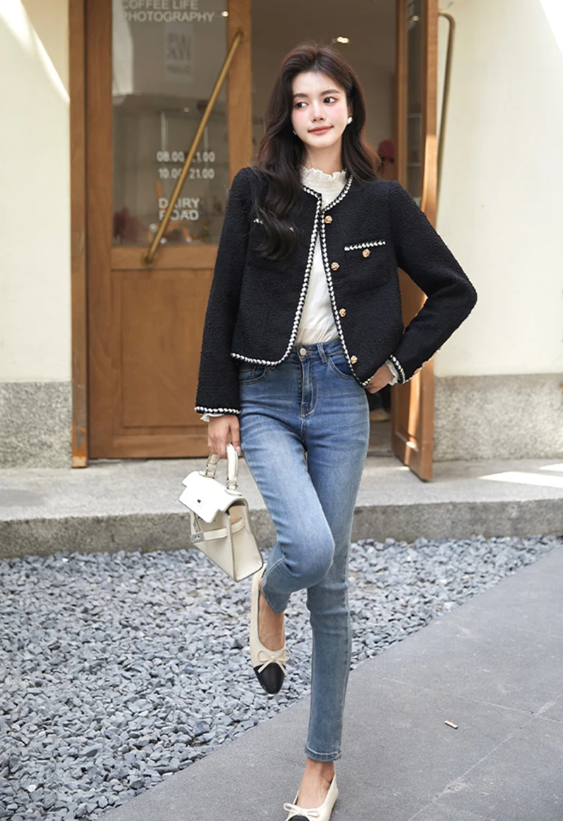 Vintage Cropped Tweed Jacket Women Black Quilted Coat Elegant Blazer Winter Ladies Single Breasted Thicken Outerwear Tops