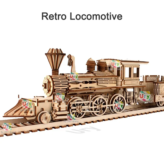 Ury 3D Wooden Puzzle Retro Steam Train with Track Railway Bridge Handmade Assembly Truck Model DIY Toys Decoration Gift for Kids 5