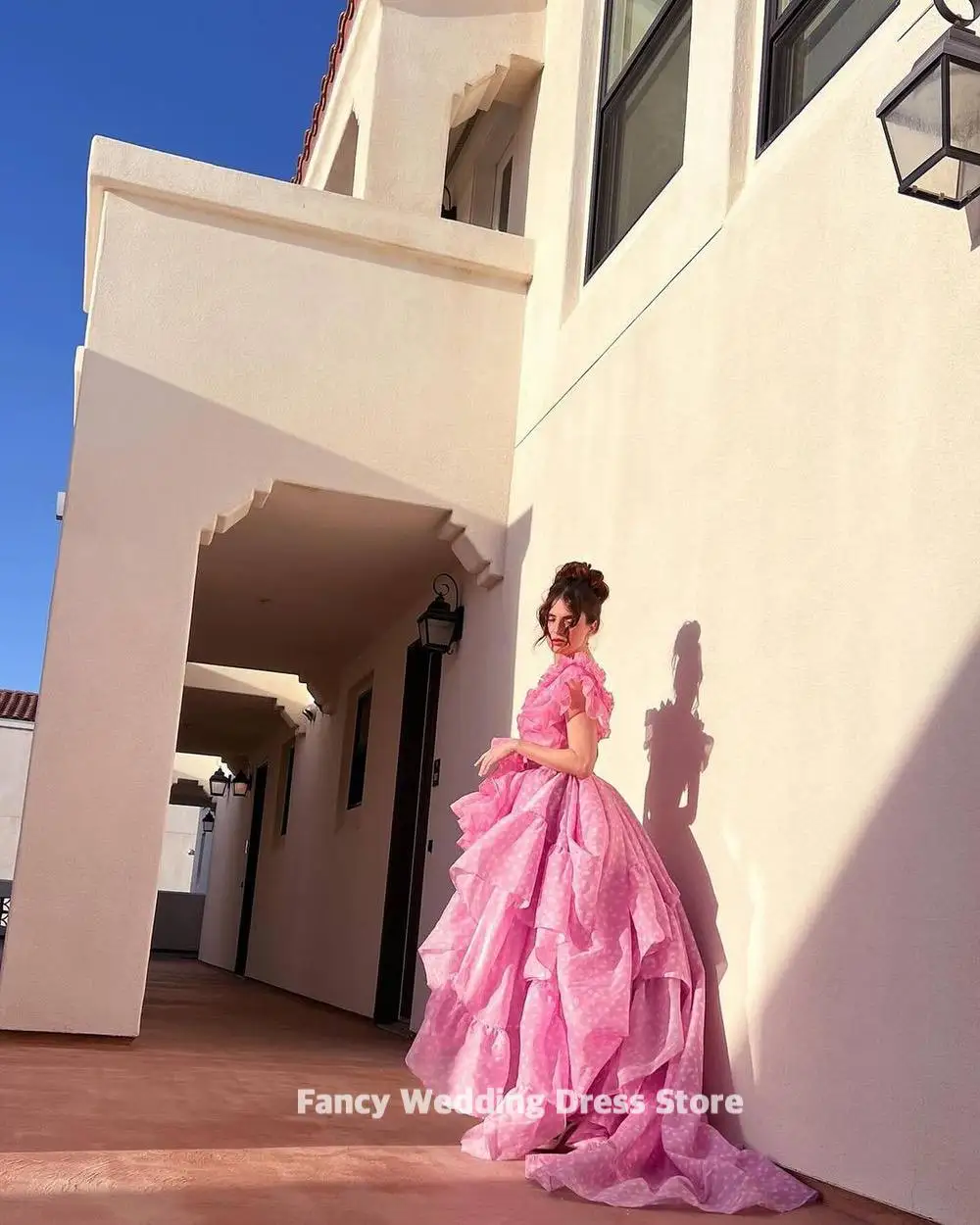 Fancy Princess Hot Pink Dotted Organza Evening Dresses Short Sleeves Front Long Back Formal Party Wedding Guest Dress
