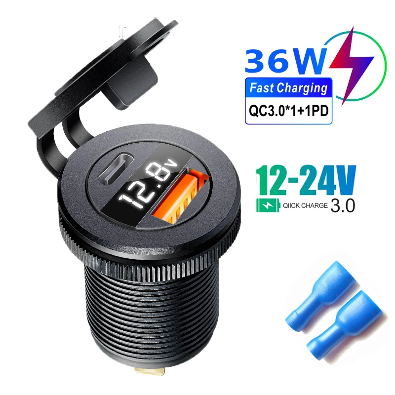 고속 충전 3.0 듀얼 USB 차량용 충전기, 고속 어댑터 소켓, 알루미늄 전원 콘센트, LED 전압계 포함, 12V, 24V, 해양 보트