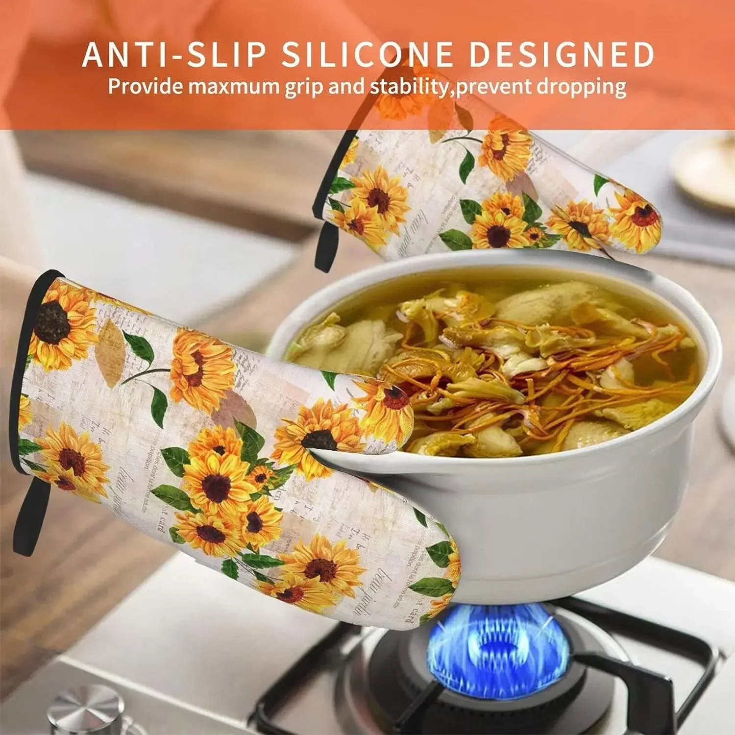 2pcs Sunflower Floral Print Oven Mitts Heat Resistant Kitchen Waterproof Gloves with Inner Cotton Layer For Cooking BBQ silicone oven mitts kitchen gloves cotton pot holders