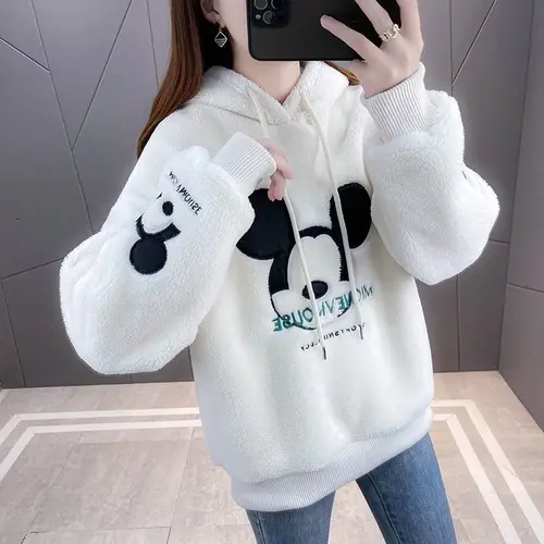 디즈니 미키 마우스 프린트 스웻셔츠, 두꺼운 플러시 안감, 루즈한 한국 패션, 올매치 오버사이즈 카와이 후드티 5