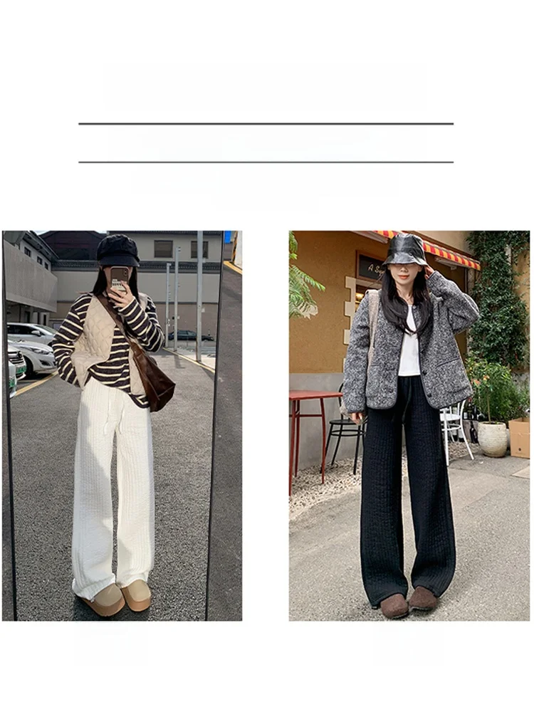 White Vertical Striped Women's Wide Leg Pants Autumn Winter Fce Elastic Waist Casual Trousers Loose Comfortable Fit