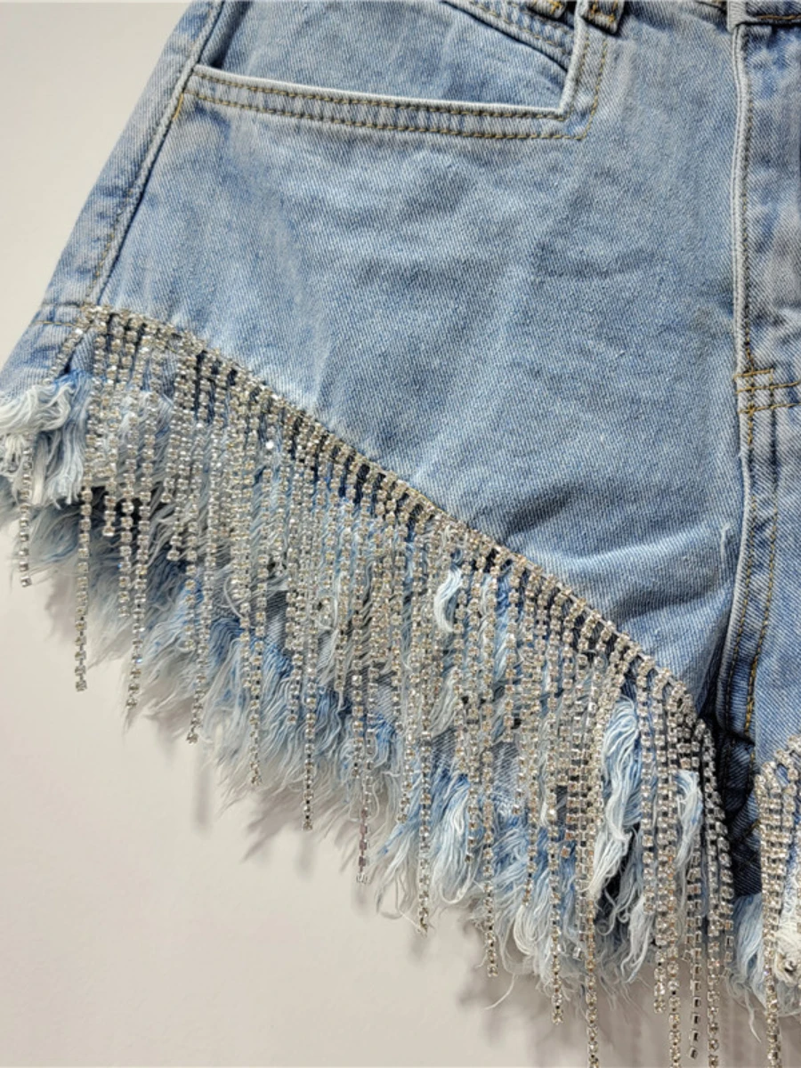 Heavy Industry Hot Rhinestone Tassel Chain Denim Shorts Women 2023 Summer New Slim Slimming Blue Jeans Shorts Female Short Pants
