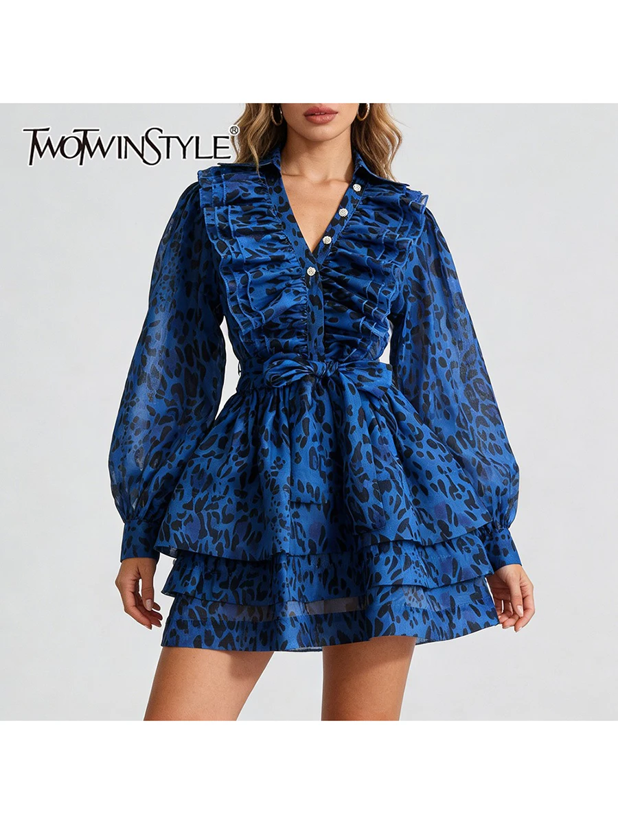 TWOTWINSTYLE Leopard Slimming Spliced Ruffles Folds Fashion Dresses for Women V Neck Long Sleeves High Waist Mini Dress Female