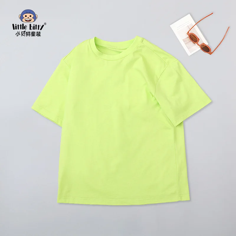 

Summer New Medium and Large Children's Solid Color Boys' Short SleeveTT-shirt Pure Cotton Fashion Green Bottoming Shirt Children