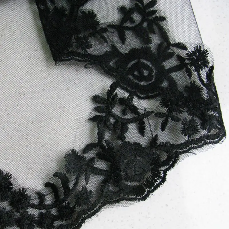 

2-Tier Women Halloween Cosplay Costume Black Mantilla Wedding Veil Embroidery Fl