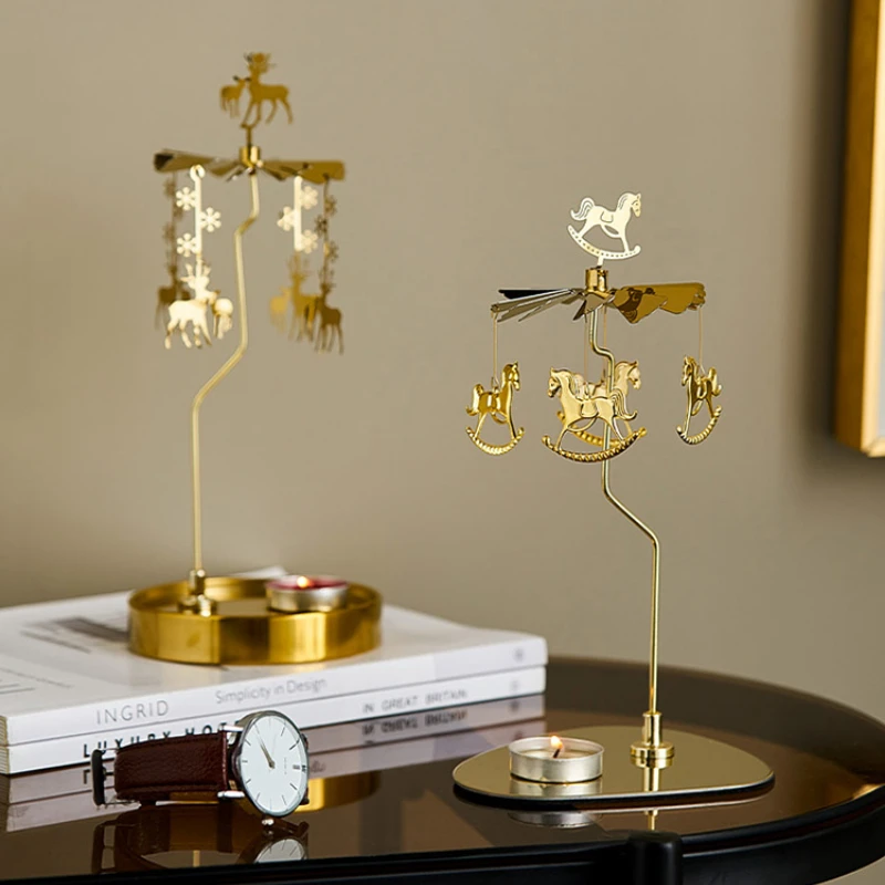Candle Holders Triangle/Round Tray Rotating Xmas Deer Snowflake Carousel Spinning Heart Tea Light