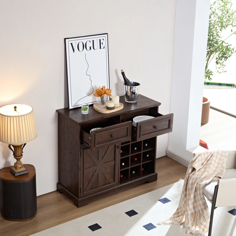 Farmhouse Buffet Cabinet with Storage Sideboard with 2 Drawers, Wine Bar Cabinet with Removable Wine Racks ,Espresso 3