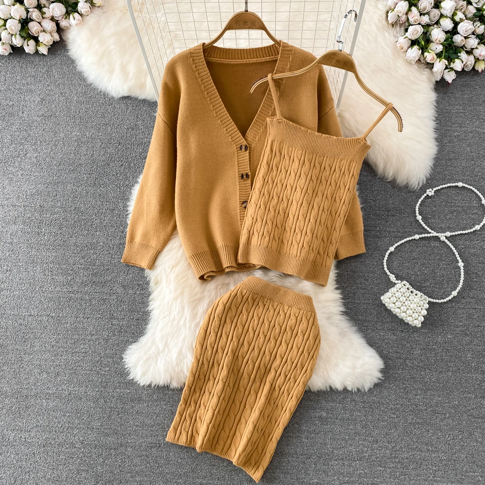 

Fall/Winter Vintage V-neck Single-breasted Knit Coat + Halter Tank Top + High-waisted Skirt Three-piece Suit