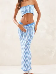 Women’s Two-Piece Summer Beach Suits Summer Boho Wavy Striped Print Strapless Knit Crop Tube Tops+Long Skirt Beachwear Sets