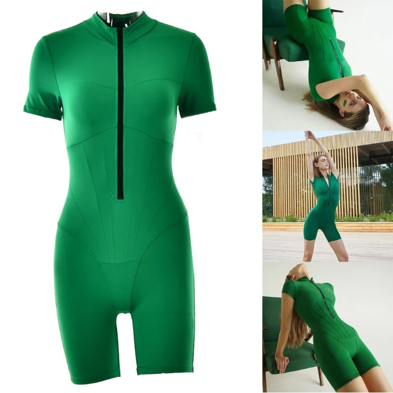 

Women Front Zipper High Neck Bodycon Jumpsuit Outfit Short Sleeve Tight Rompers