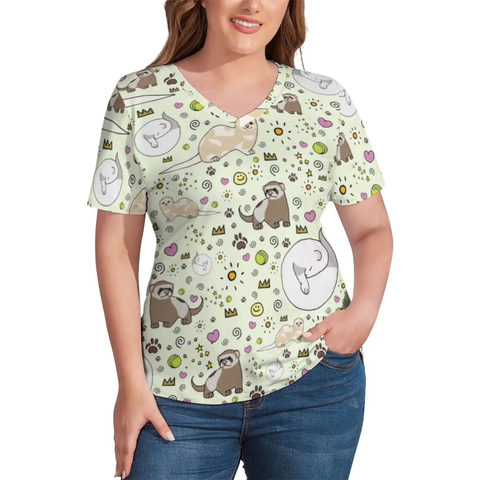 

Ferrets T Shirt Animals Funny Women Casual T-Shirt Large Size Graphic V Neck Tshirt