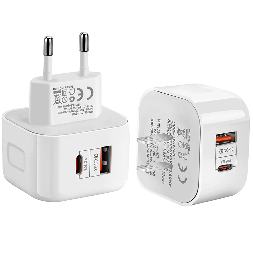 Dual-Port 20W Quick Charger with QC3.0 and USB-C Fast Charging