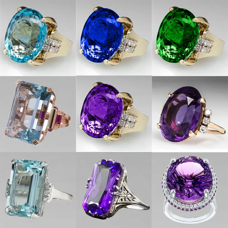 Milangirl Fashion Square Shape Champagne Big Crystal Designer Hyperbole  Gold Ring for Women Engagement Wedding Stone Rings