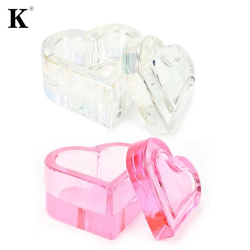 

1pc Heart Shape Cup Liquid Dish Rainbow Crystal Clear Glass Cup With Lid Bowl For Crystal Glass Powder Nail Art Tool Kit