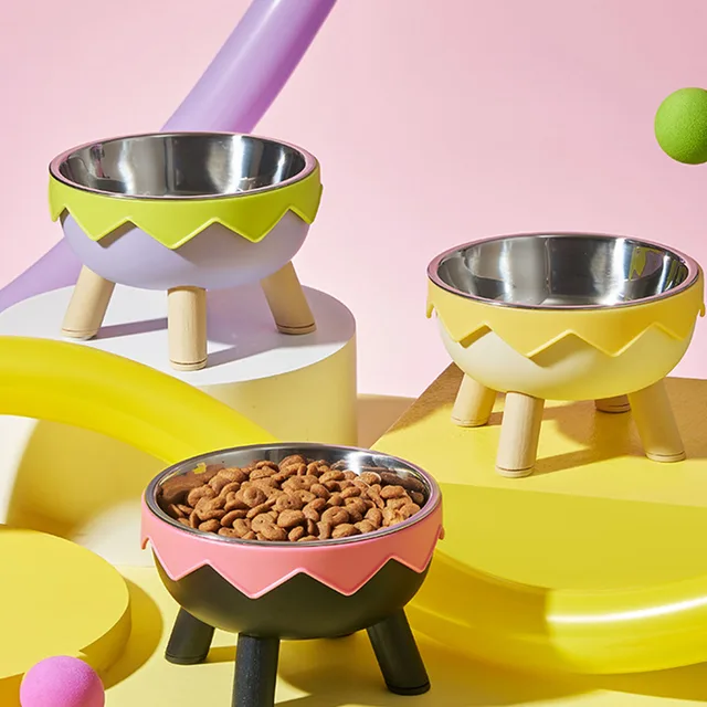 A colorful dopamine pet bowl Fashion feeding large capacity stainless steel dog bowl drinking water neck cat bowl egg shell high 3
