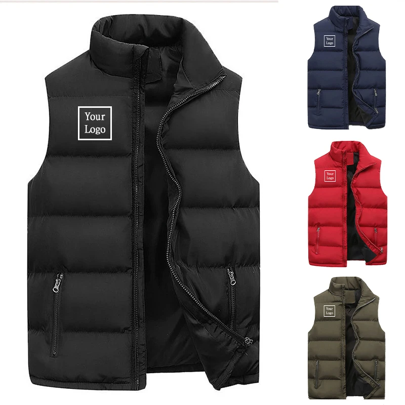 Custom Logo Winter Men Vest Cotton Casual Sleeveless Stand Thick Clothes Solid Color Vest Jacket Male