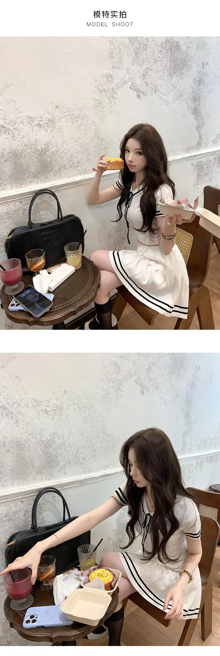 Korean Fashion Knitted Two-piece Set Women Short Sleeve Patchwork Cropped Top Pleated Mini Skirt Preppy Style Outfits New