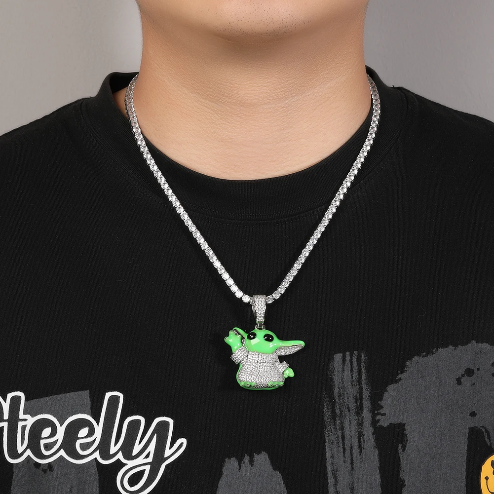 Uwin Cute Big Ear Alien Charms Iced Out Green Luminous CZ Necklaces For Women Man Hip Hop Jewelry