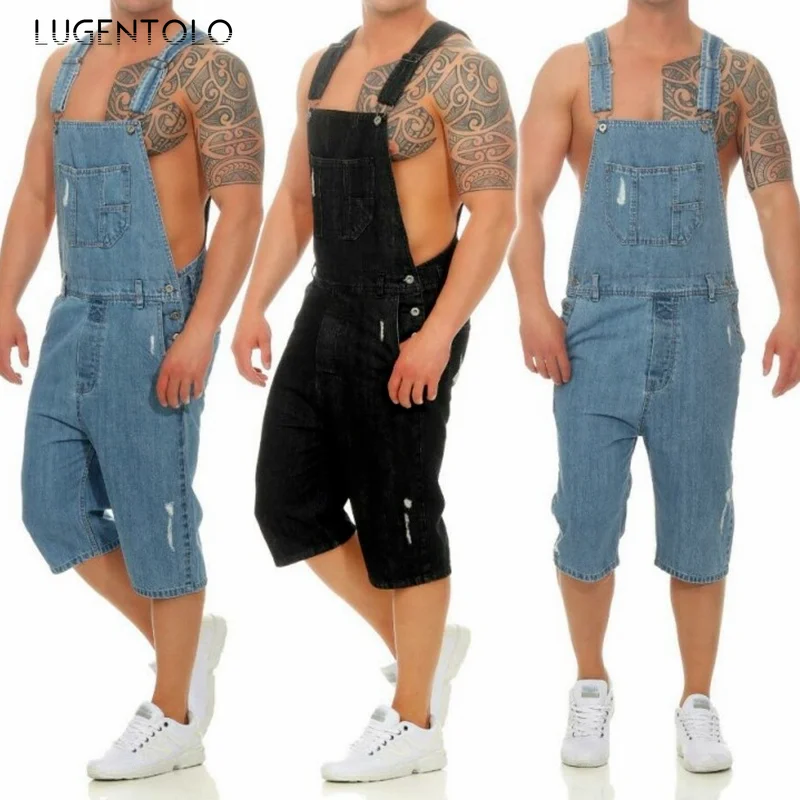 

Lugentolo Ripped Jean Overalls Men Summer New Straight Vintage Jeans Men's Denim Casual Large Size Streetwear